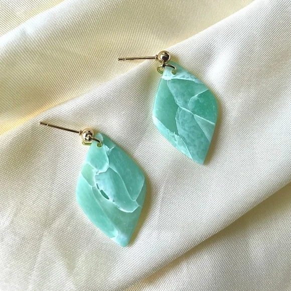 Handmade Modern Clay Earrings | Green & Blue | 14K Gold Plated Stainless Steel - Picture 4 of 4